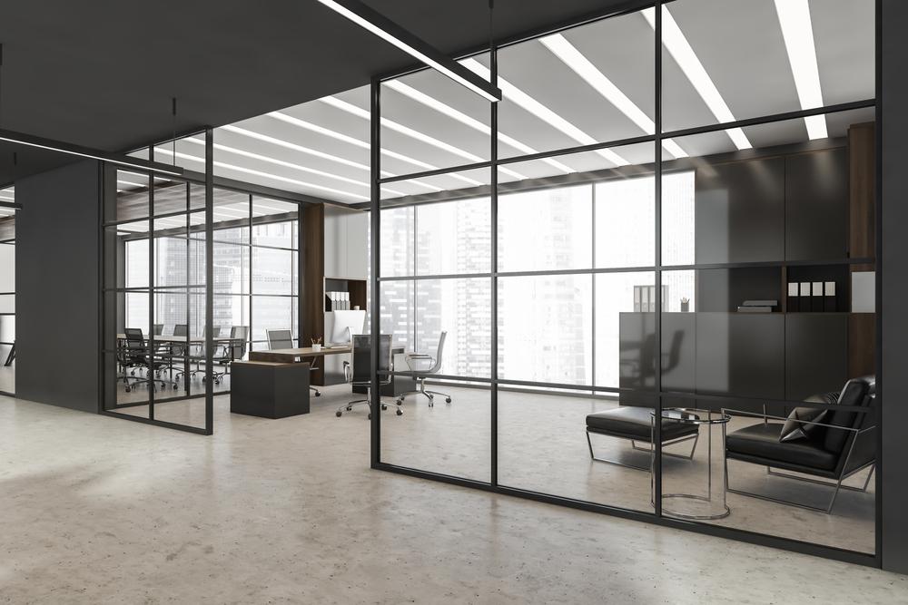 Ceo,Office,Interior,With,Glass,Black,Framed,Wall,Partitions,,Led